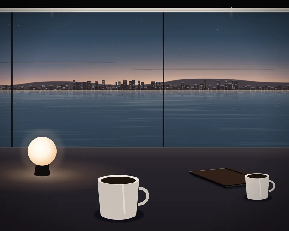 Illustration: a quiet café table with coffee and a closed notebook by a window overlooking a generic coast at blue hour