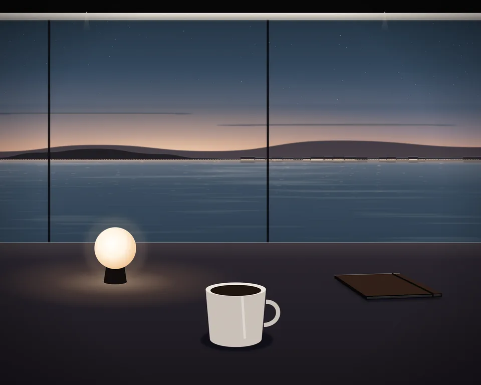 Illustration: a quiet café table with coffee and a closed notebook by a window overlooking a generic coast at blue hour