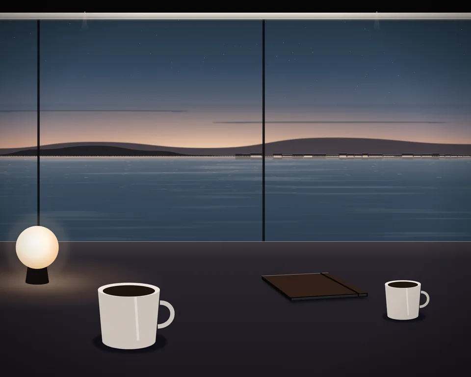 Illustration: a quiet café table with coffee and a closed notebook by a window overlooking a generic coast at blue hour