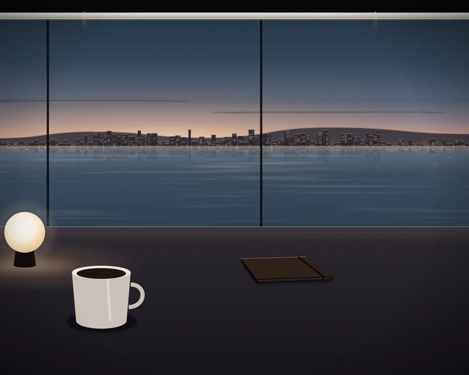 Illustration: a quiet café table with coffee and a closed notebook by a window overlooking a generic coast at blue hour