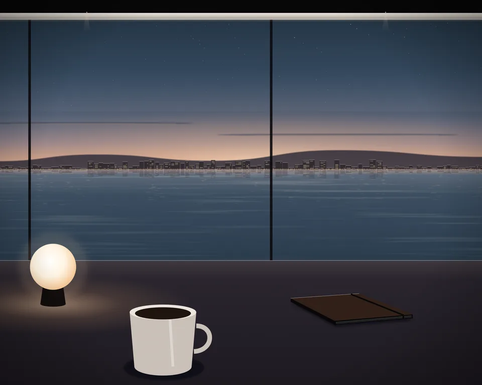 Illustration: a quiet café table with coffee and a closed notebook by a window overlooking a generic coast at blue hour