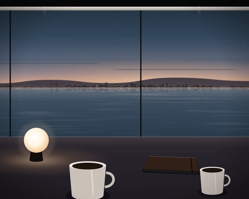 Illustration: a quiet café table with coffee and a closed notebook by a window overlooking a generic coast at blue hour