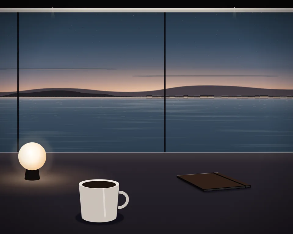 Illustration: a quiet café table with coffee and a closed notebook by a window overlooking a generic coast at blue hour