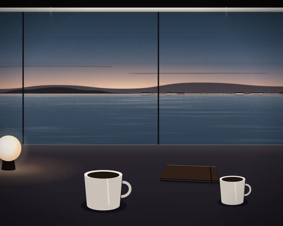 Illustration: a quiet café table with coffee and a closed notebook by a window overlooking a generic coast at blue hour