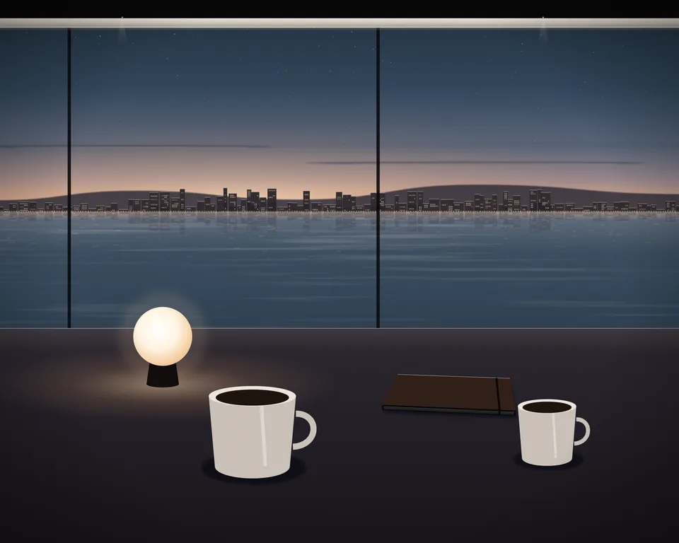 Illustration: a quiet café table with coffee and a closed notebook by a window overlooking a generic coast at blue hour