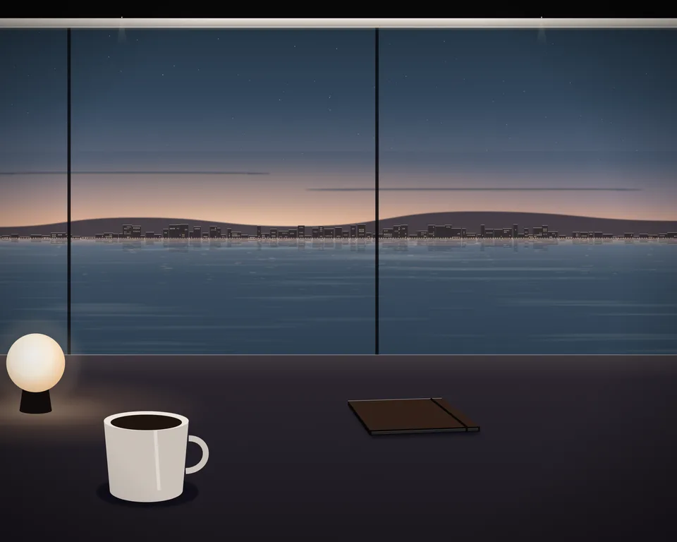 Illustration: a quiet café table with coffee and a closed notebook by a window overlooking a generic coast at blue hour