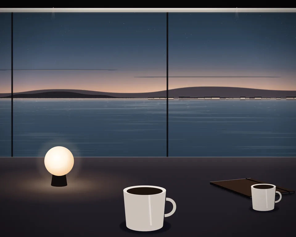 Illustration: a quiet café table with coffee and a closed notebook by a window overlooking a generic coast at blue hour
