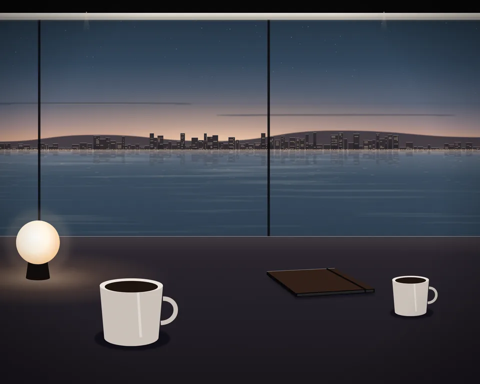 Illustration: a quiet café table with coffee and a closed notebook by a window overlooking a generic coast at blue hour