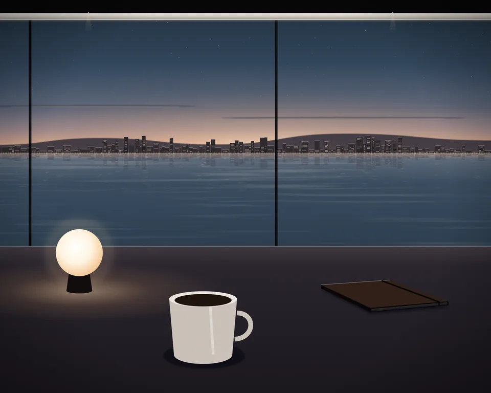 Illustration: a quiet café table with coffee and a closed notebook by a window overlooking a generic coast at blue hour