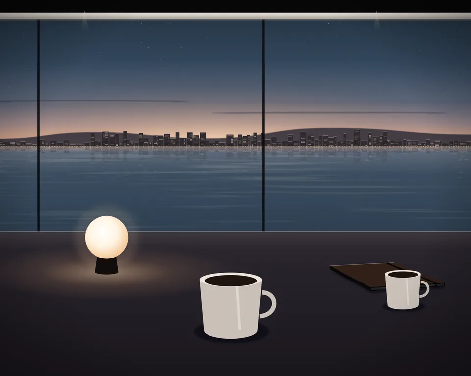 Illustration: a quiet café table with coffee and a closed notebook by a window overlooking a generic coast at blue hour