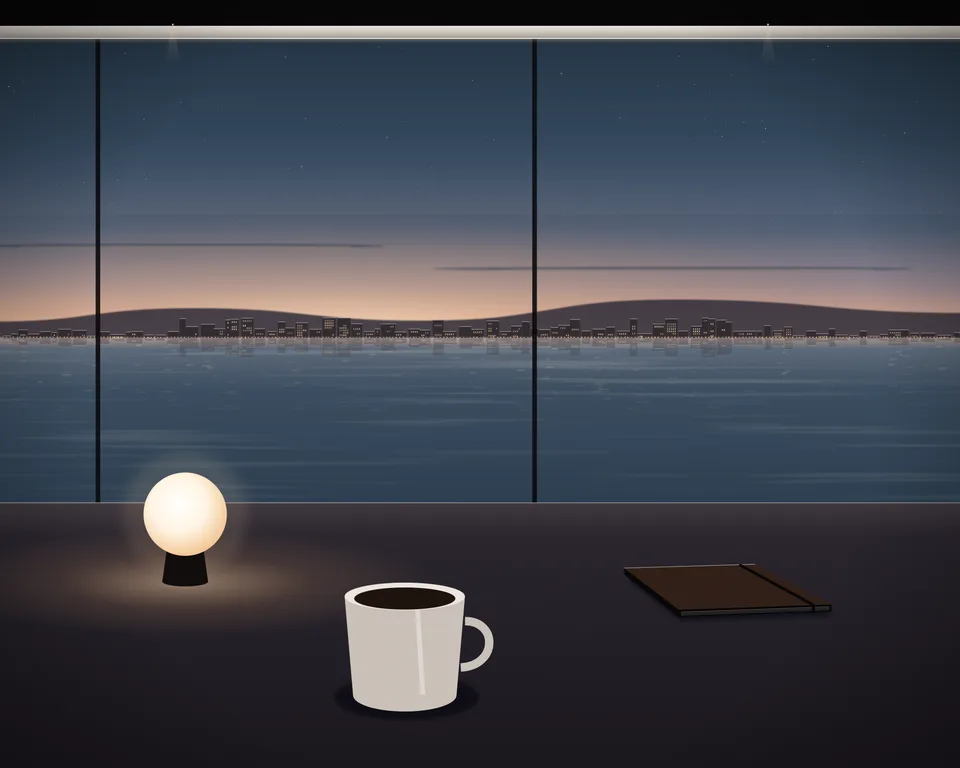 Illustration: a quiet café table with coffee and a closed notebook by a window overlooking a generic coast at blue hour