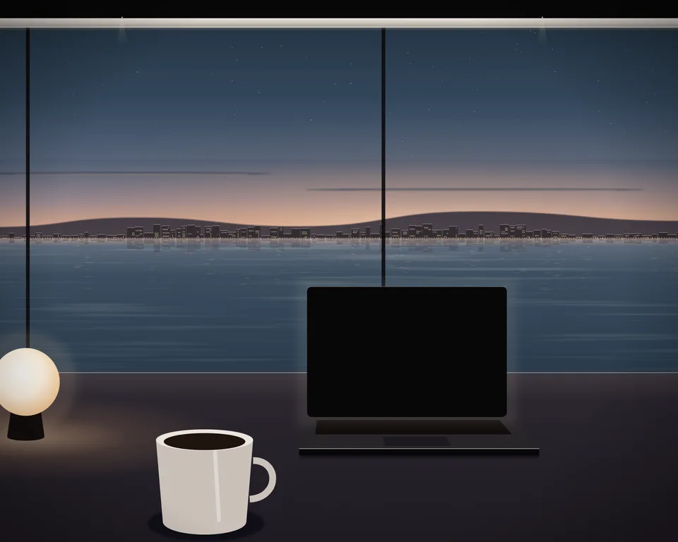 Illustration: a quiet café table with coffee and a laptop by a window overlooking a generic coast at blue hour