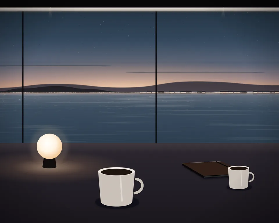 Illustration: a quiet café table with coffee and a closed notebook by a window overlooking a generic coast at blue hour