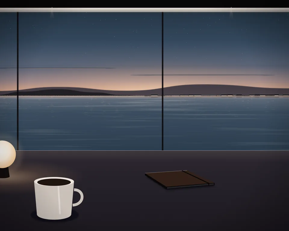 Illustration: a quiet café table with coffee and a closed notebook by a window overlooking a generic coast at blue hour