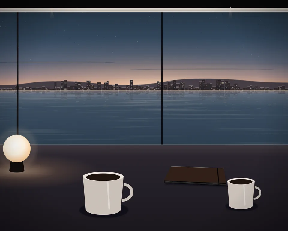 Illustration: a quiet café table with coffee and a closed notebook by a window overlooking a generic coast at blue hour