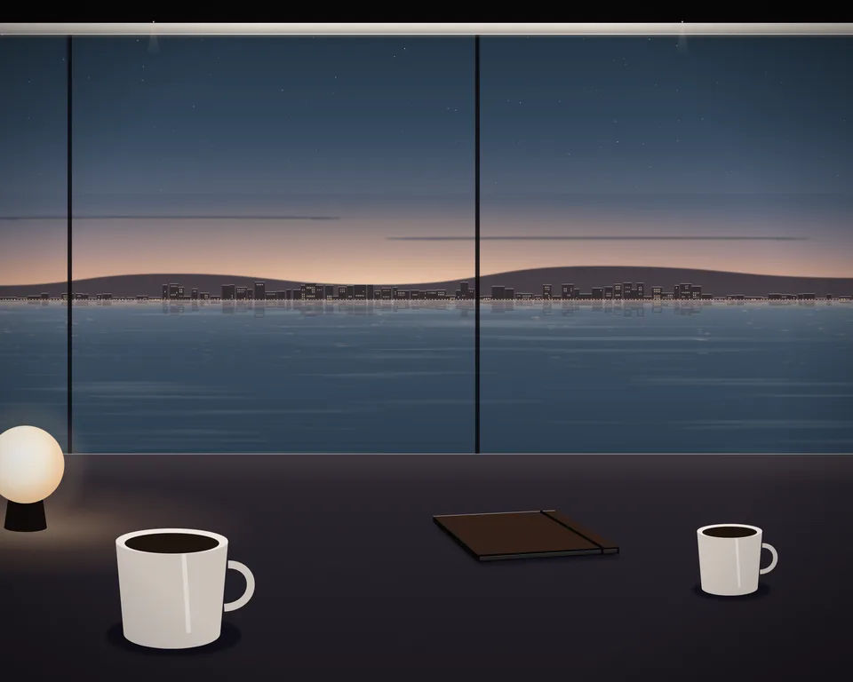 Illustration: a quiet café table with coffee and a closed notebook by a window overlooking a generic coast at blue hour