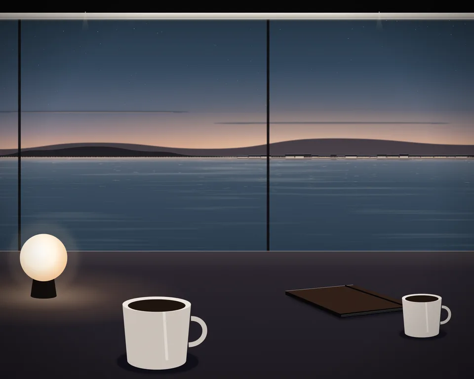 Illustration: a quiet café table with coffee and a closed notebook by a window overlooking a generic coast at blue hour