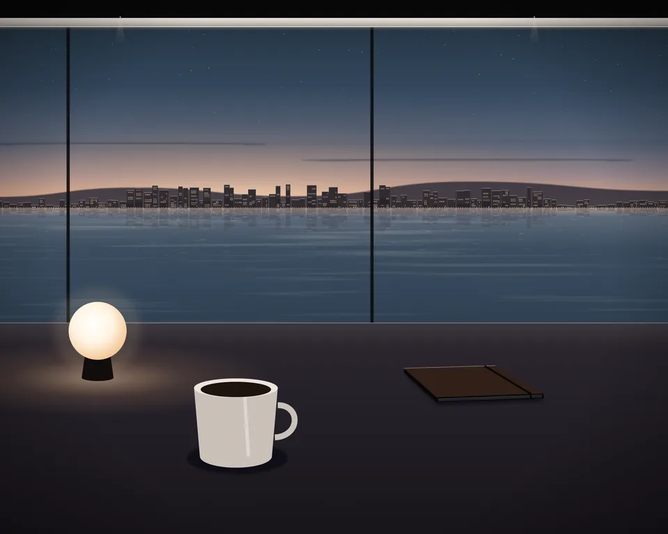 Illustration: a quiet café table with coffee and a closed notebook by a window overlooking a generic coast at blue hour