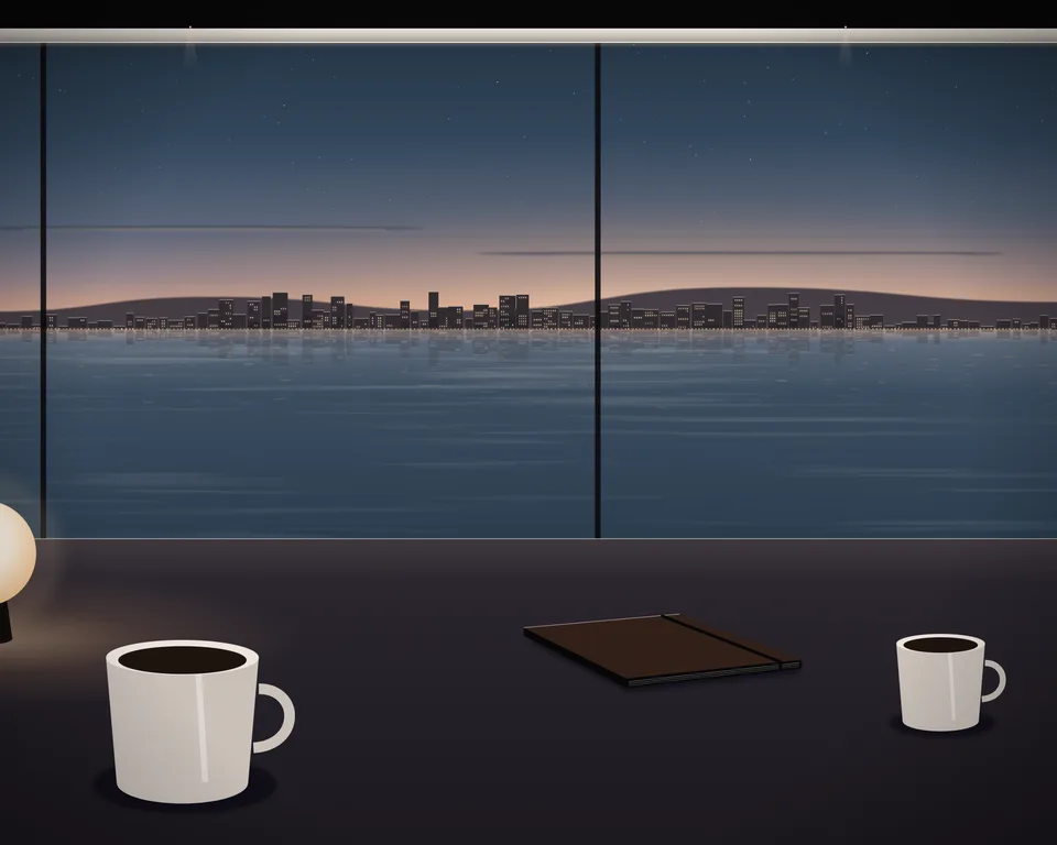 Illustration: a quiet café table with coffee and a closed notebook by a window overlooking a generic coast at blue hour