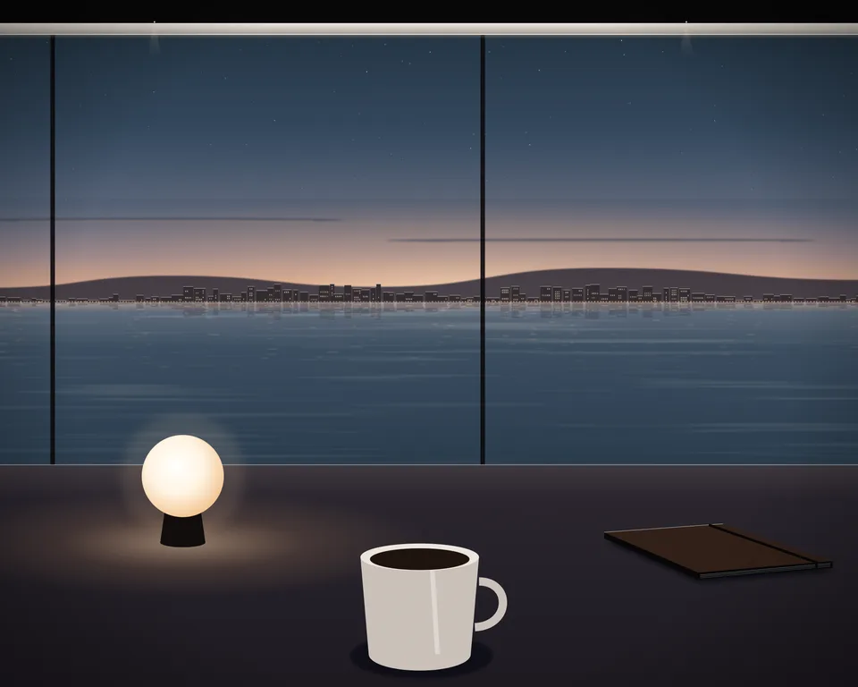 Illustration: a quiet café table with coffee and a closed notebook by a window overlooking a generic coast at blue hour