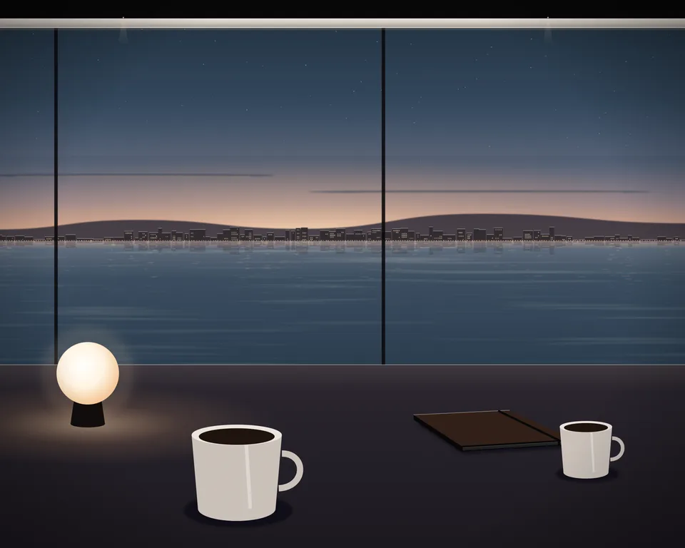 Illustration: a quiet café table with coffee and a closed notebook by a window overlooking a generic coast at blue hour