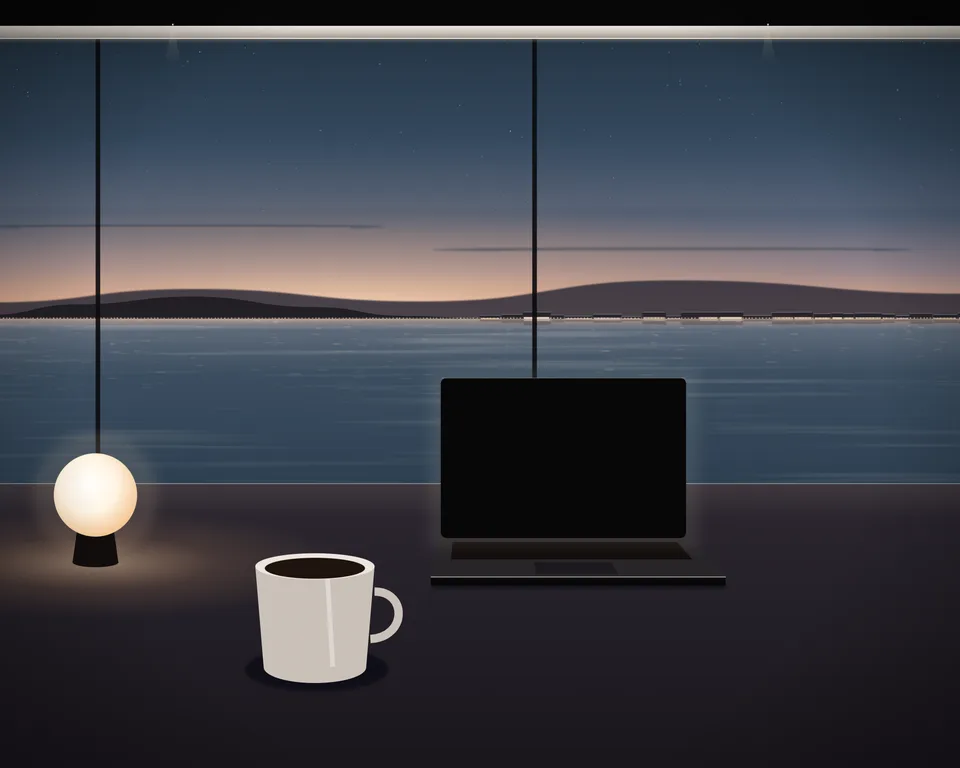 Illustration: a quiet café table with coffee and a laptop by a window overlooking a generic coast at blue hour